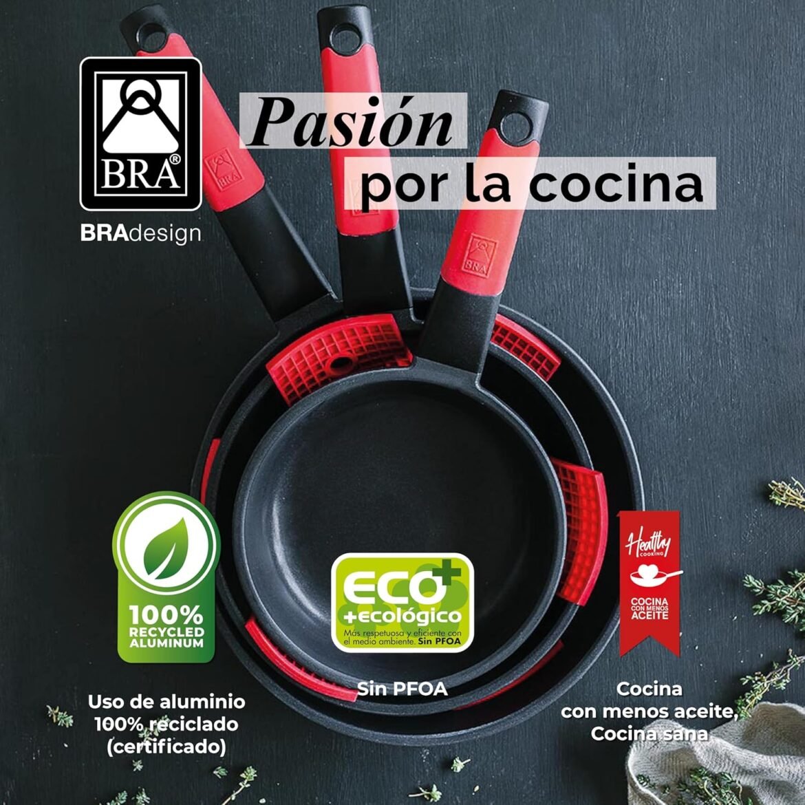 Set de 3 Sartenes BRA Premiere (18‑22‑26 cm) – Aluminio fundido con mango de silicona roja