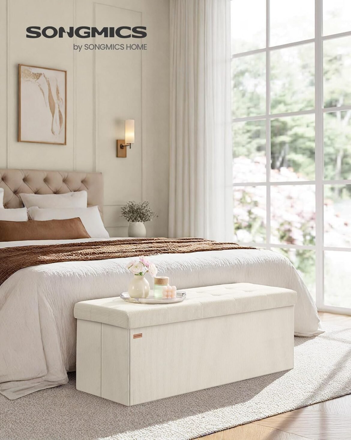 SONGMICS Puff Almacenaje Plegable 38 × 110 × 38 cm — Banco Multifuncional que Combina Almacenaje, Estilo y Robustez